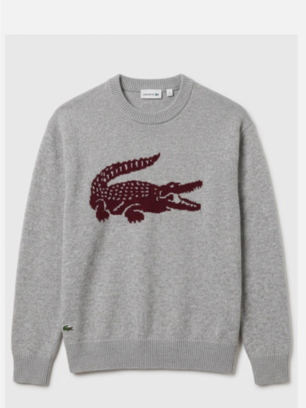 Lacoste Grey cashmere sweater with Burgundy Crocodile Motif